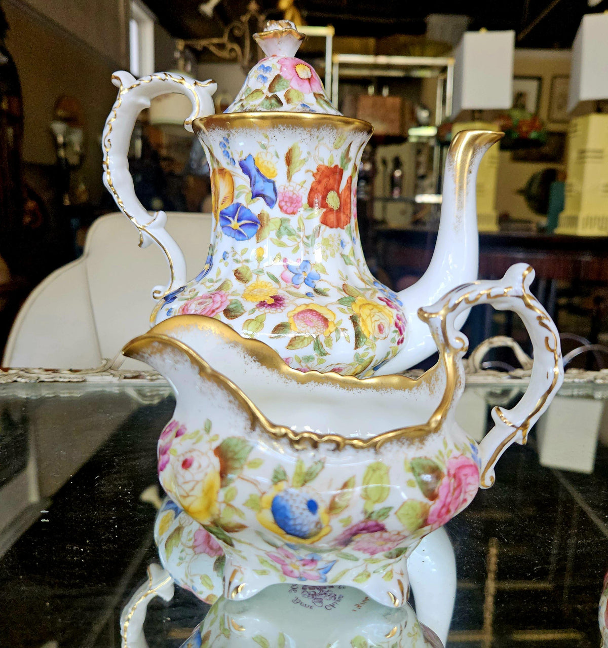 Vintage Hammersby Queen Anne Chintz Tea Set. Single tea pot, coffee/ tall tea, creamer and sugar
