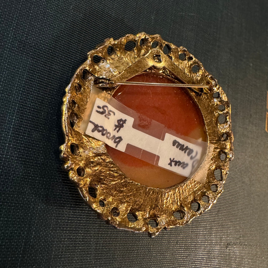 Vintage mid century faux cameo resin brooch with courting scene themed