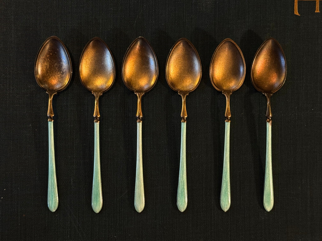 Norwegian Marius Hammer Sterling Enameled Demitasse Spoon set French Blue Set of 6