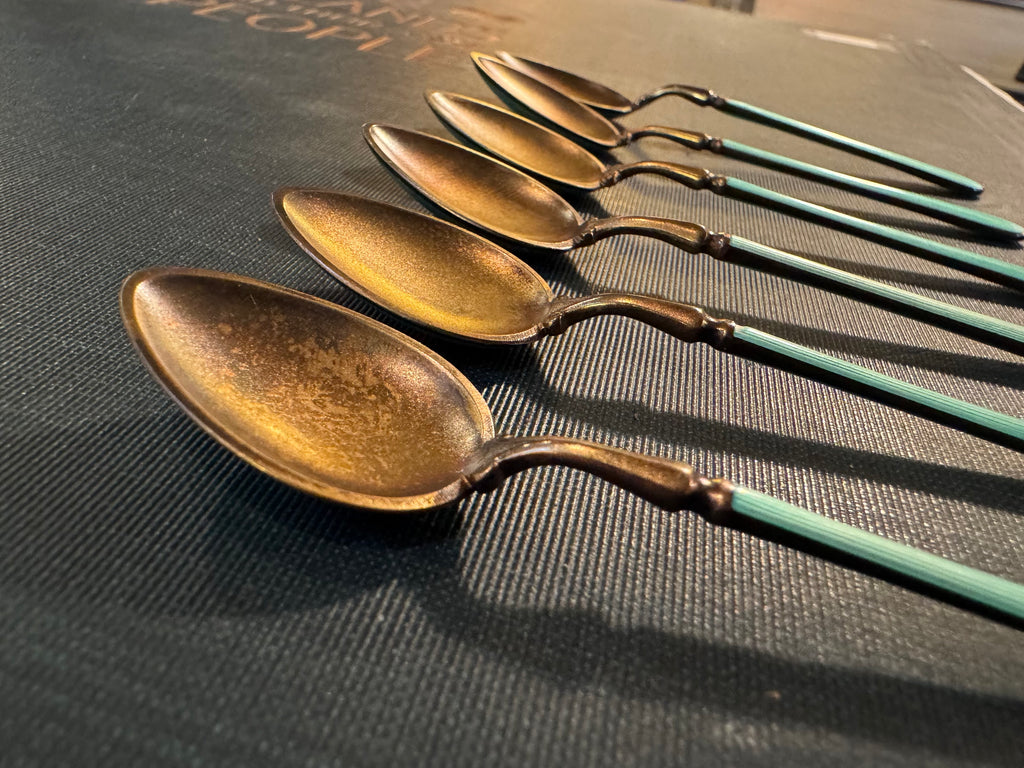 Norwegian Marius Hammer Sterling Enameled Demitasse Spoon set French Blue Set of 6