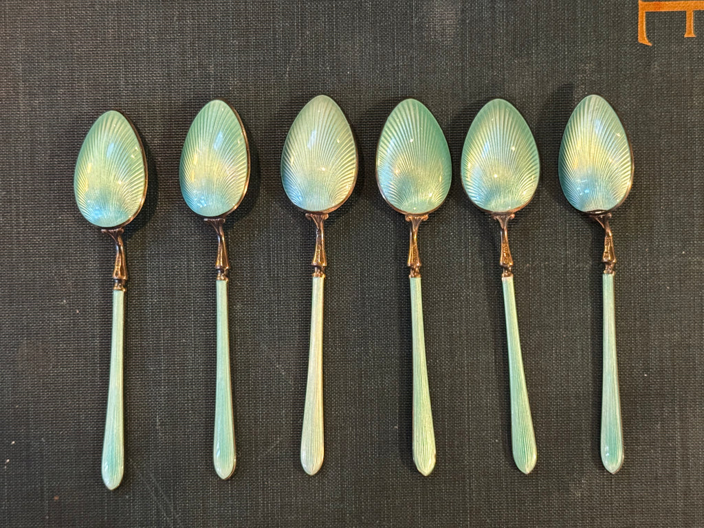 Norwegian Marius Hammer Sterling Enameled Demitasse Spoon set French Blue Set of 6
