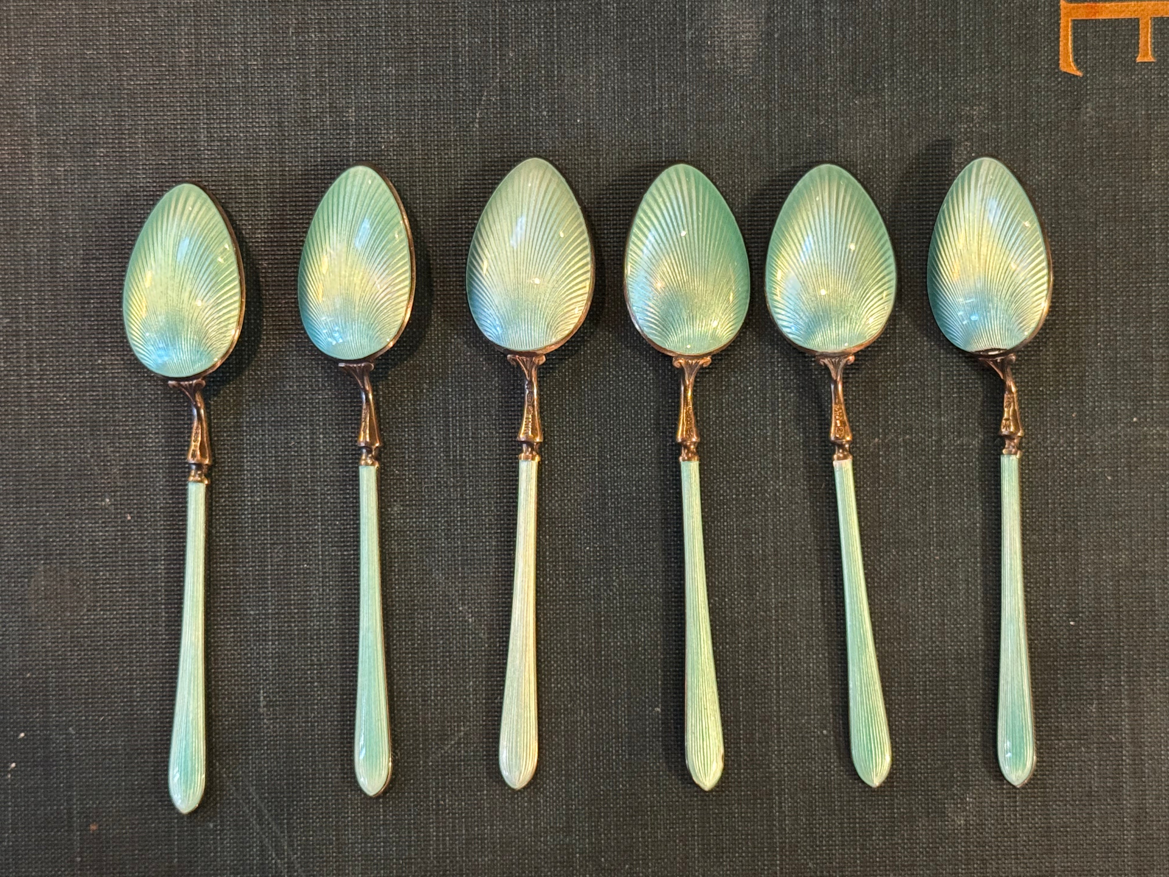 Norwegian Marius Hammer Sterling Enameled Demitasse Spoon set French Blue Set of 6