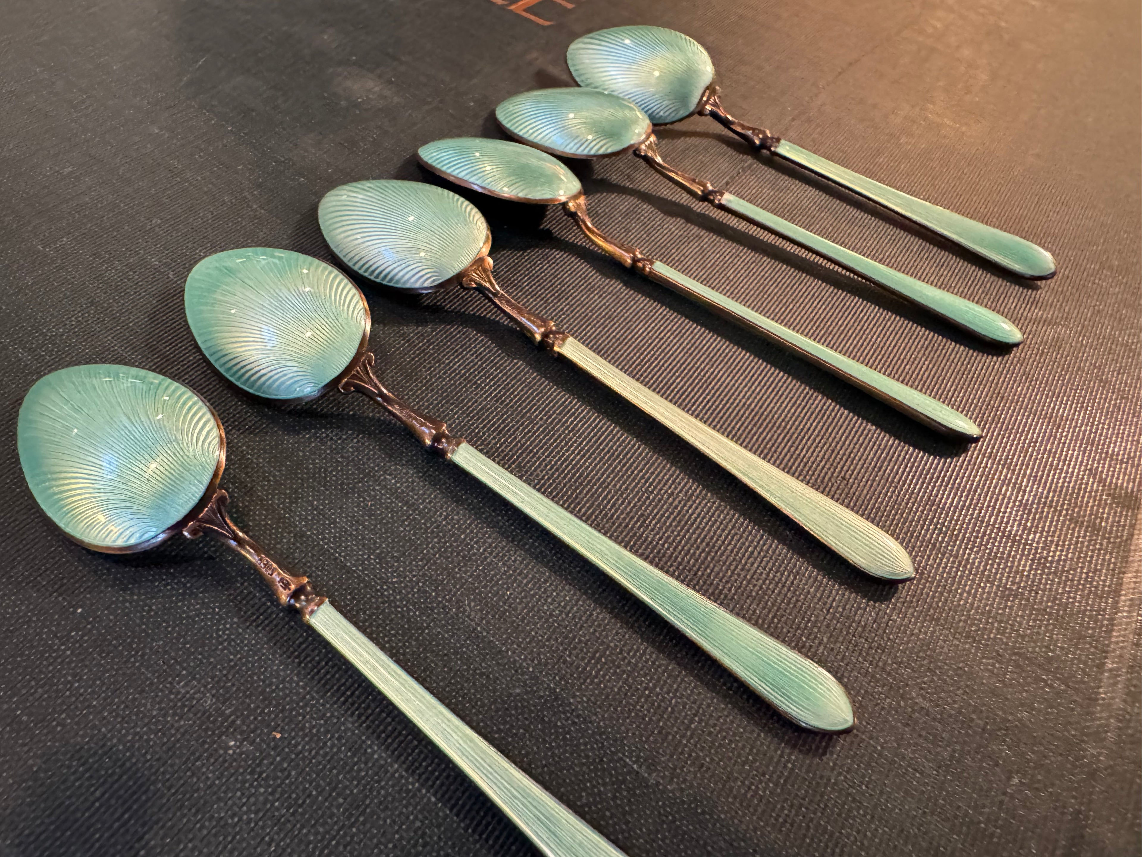 Norwegian Marius Hammer Sterling Enameled Demitasse Spoon set French Blue Set of 6