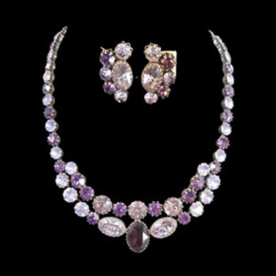 Lavender Purple and Blue Vendome Necklace and Earrings Set 1950s