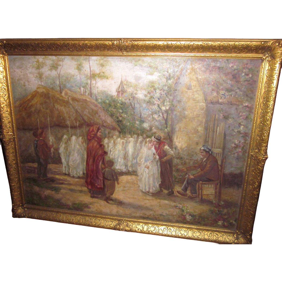 Antique 19th Cent. Naturalist Oil Painting After Jules Breton "Les Communiantes"