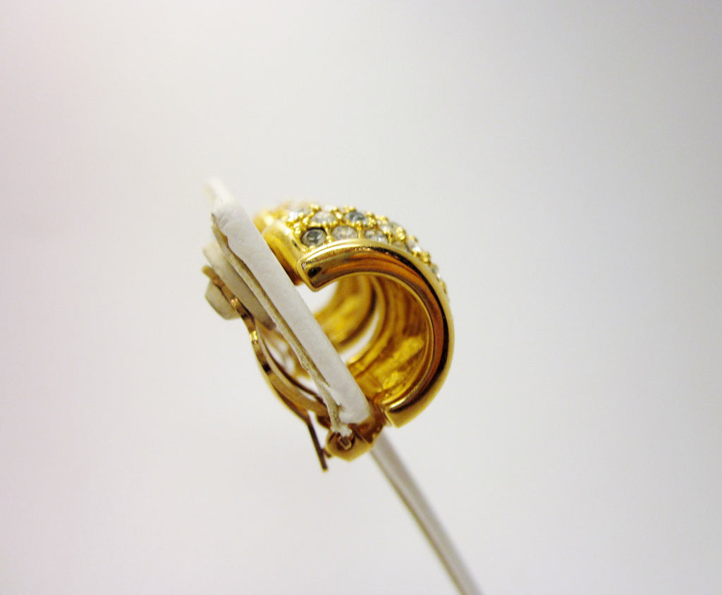 Vintage Swarovski Crystal Clip On Earrings, 1980s Gold Tone Half Hoop