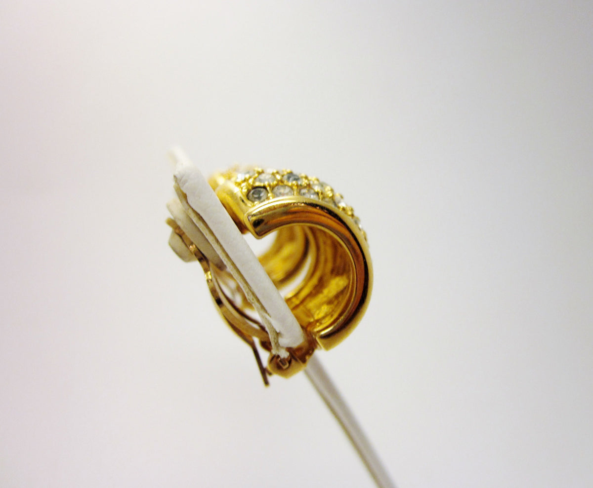 Vintage Swarovski Crystal Clip On Earrings, 1980s Gold Tone Half Hoop