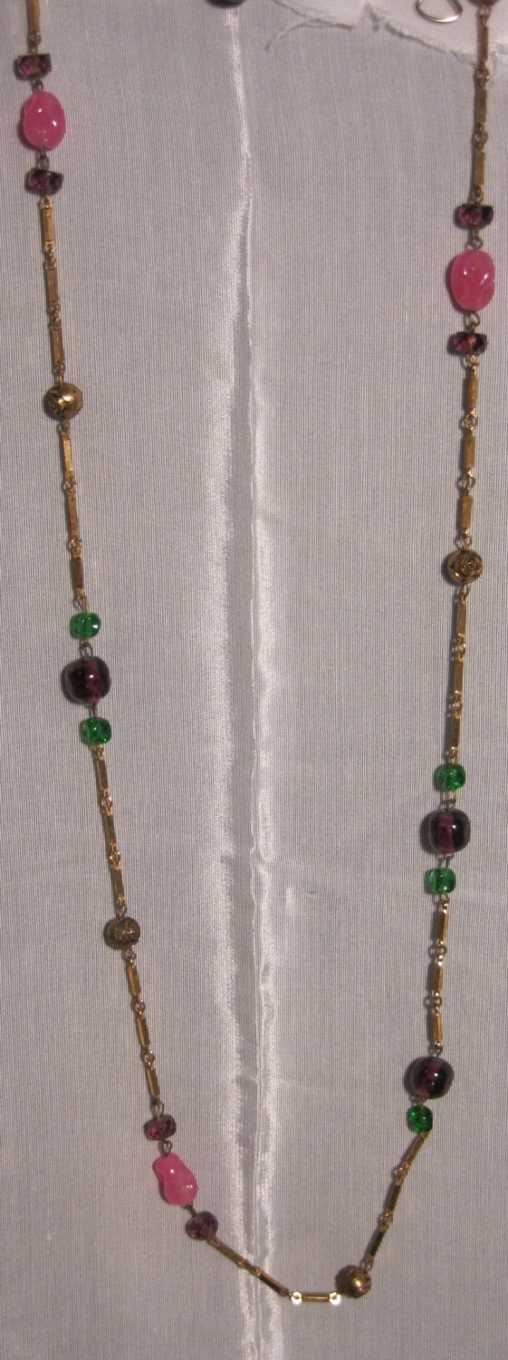 Molded Art glass necklace with Bronze Rosettes and Brass Links