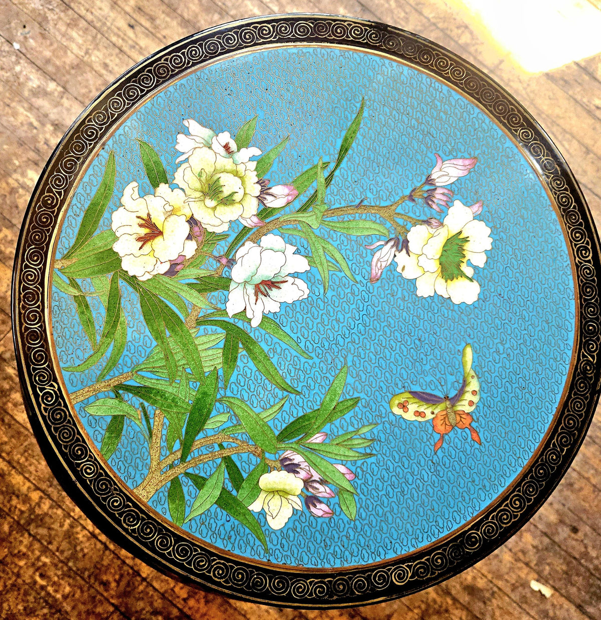 Asian Chinoiserie Black Lacquer Cloisonne Garden Stool or Side Table