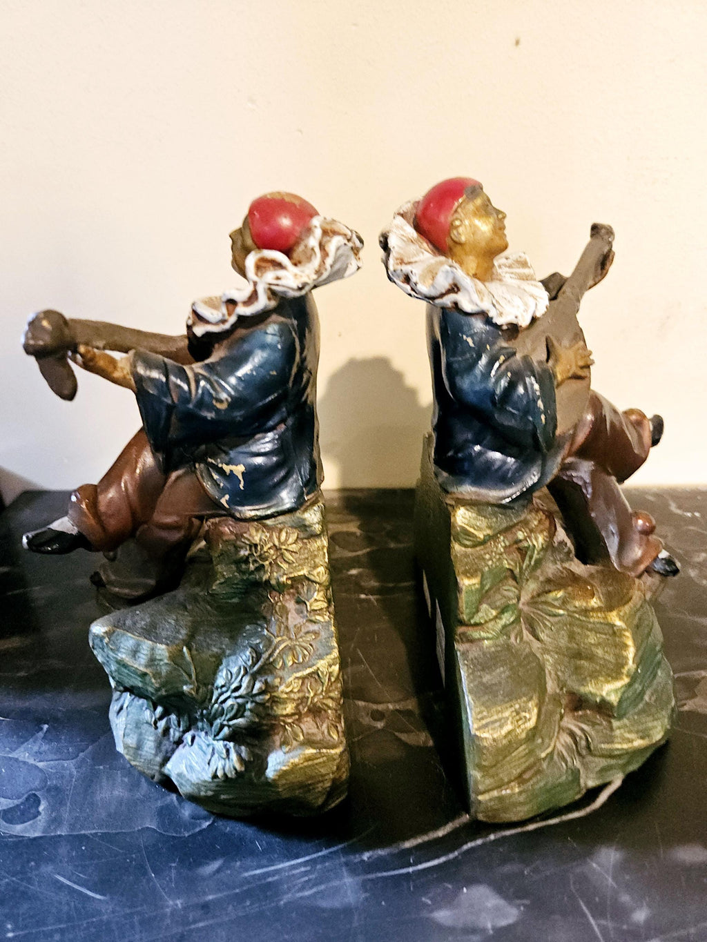 Antique Art Deco Kronheim and Oldenbusch Pierrot Bookends playing Mandolin