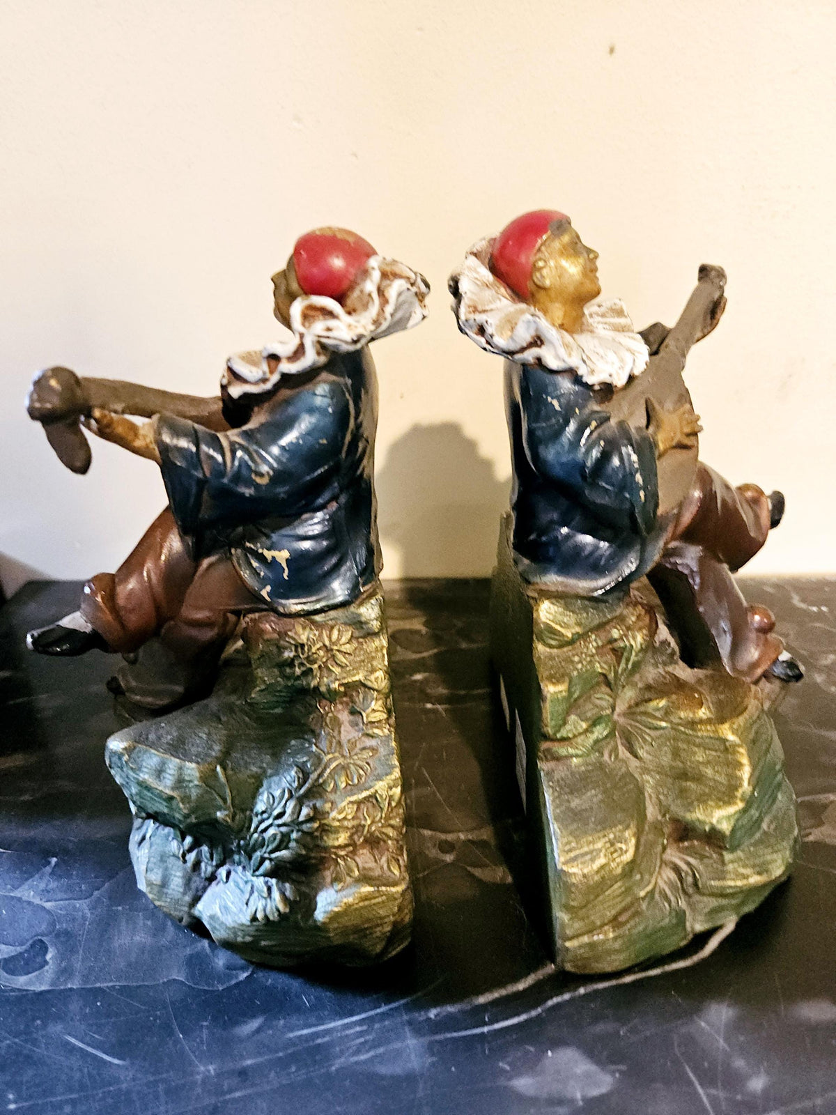 Antique Art Deco Kronheim and Oldenbusch Pierrot Bookends playing Mandolin