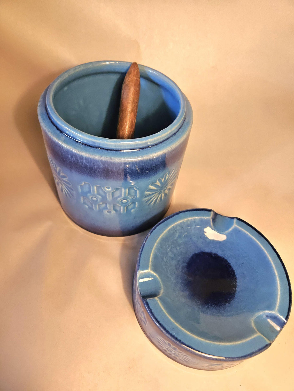 Mid Century Danish Modern Humidor Ashtray Turquoise Pottery Stash Box