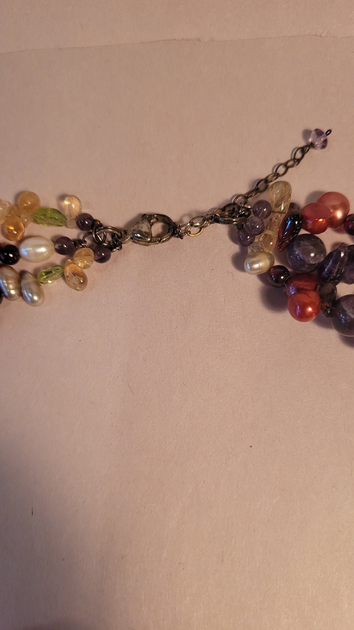 Sajen Goddess Cameo triple strand Necklace, garnet, amethyst, pearls, peridot