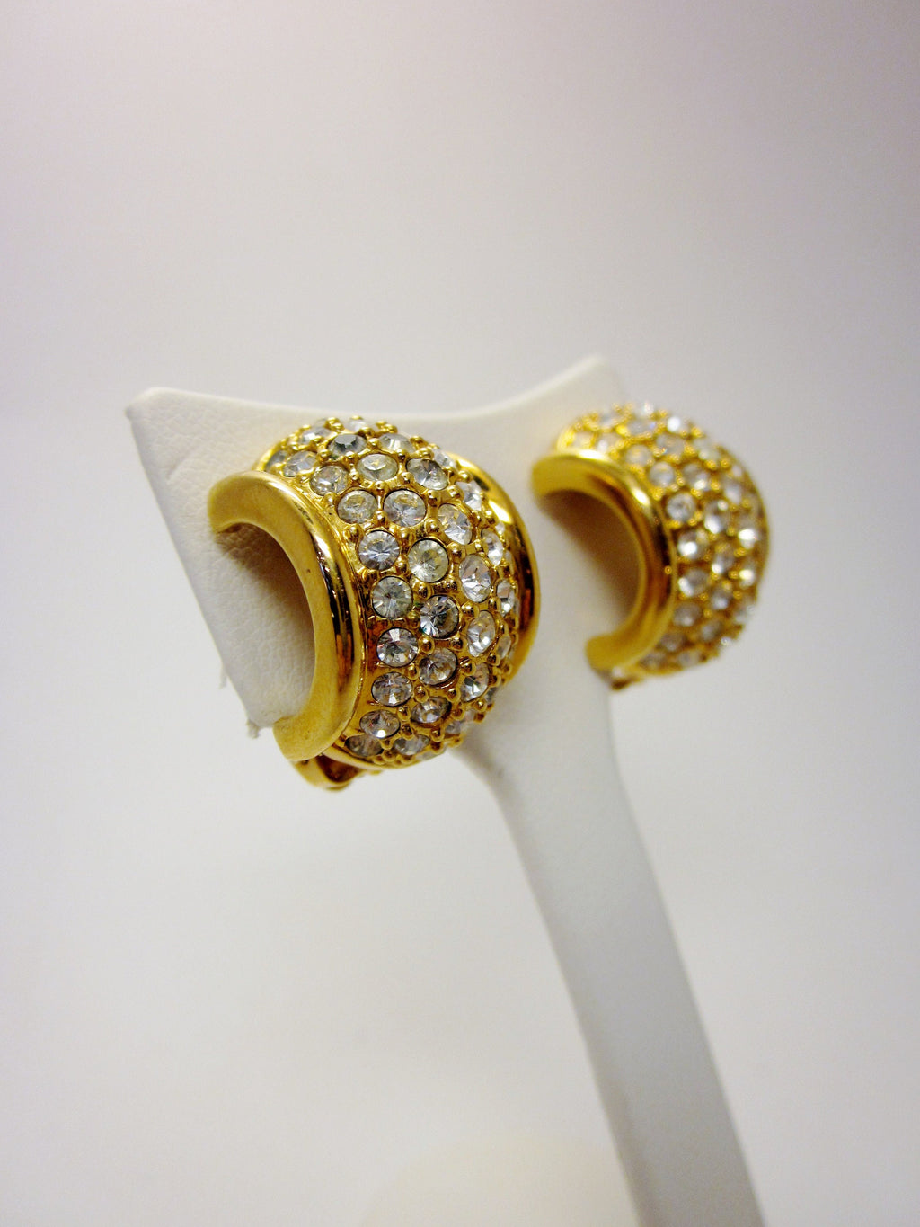 Vintage Swarovski Crystal Clip On Earrings, 1980s Gold Tone Half Hoop