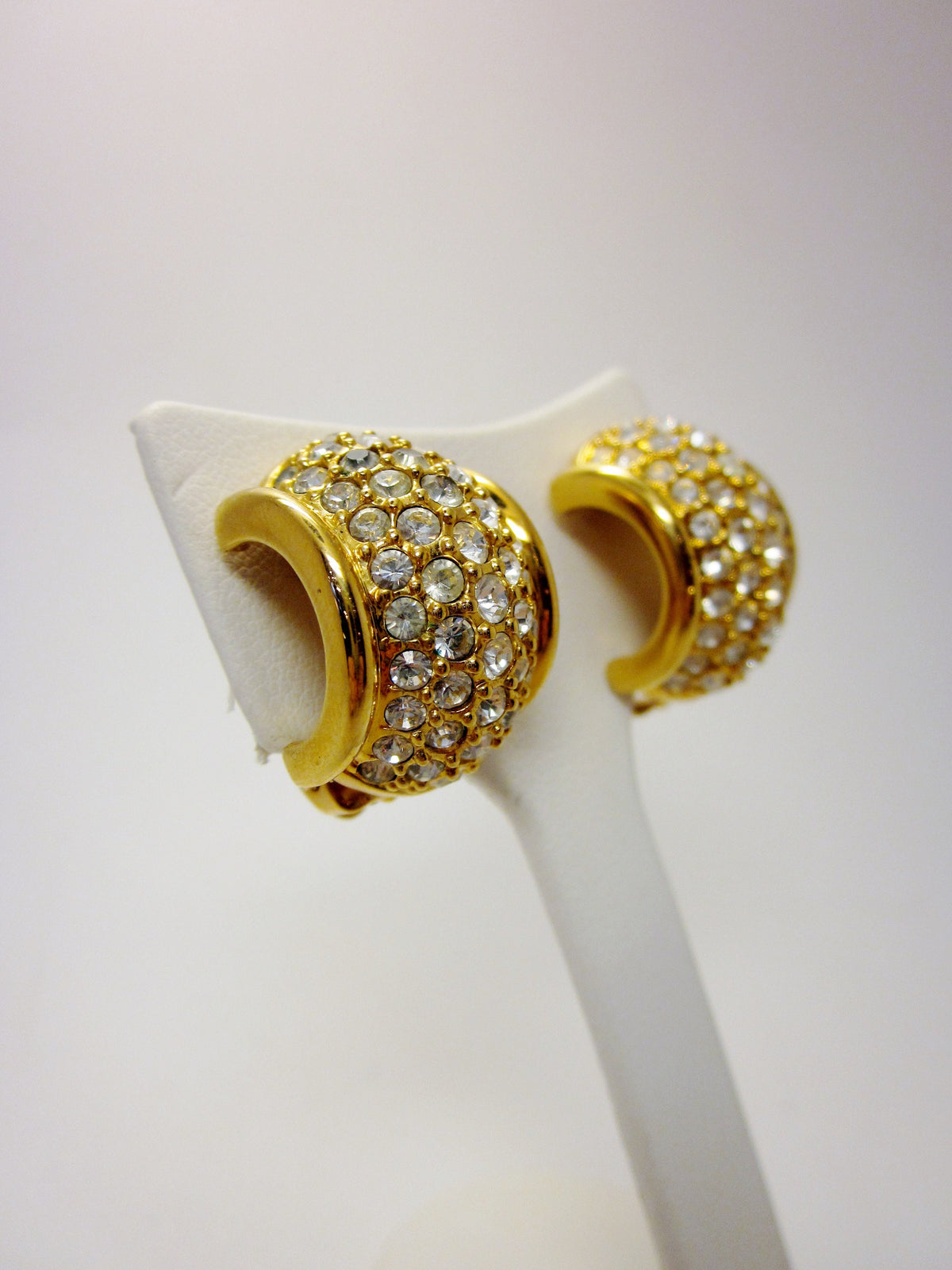 Vintage Swarovski Crystal Clip On Earrings, 1980s Gold Tone Half Hoop