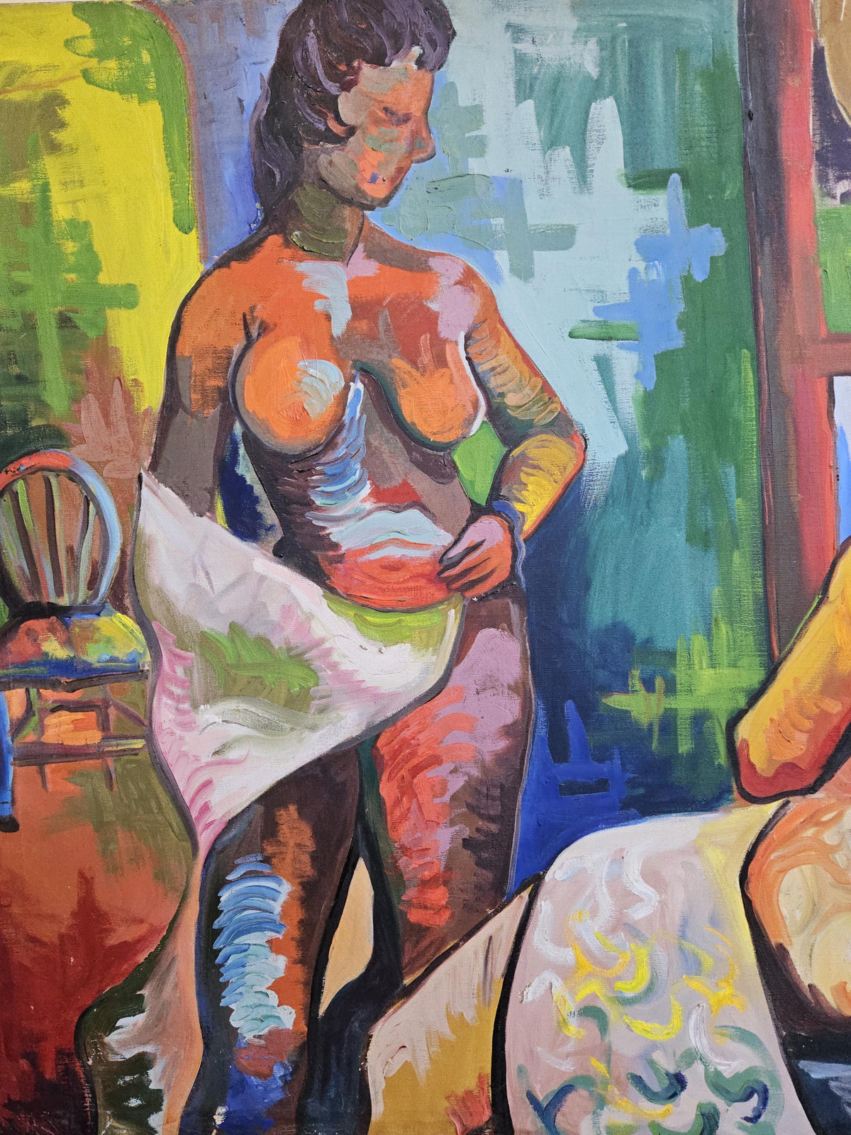 Vintage Mid Century Modern Oil on Canvas Nude Painting two women