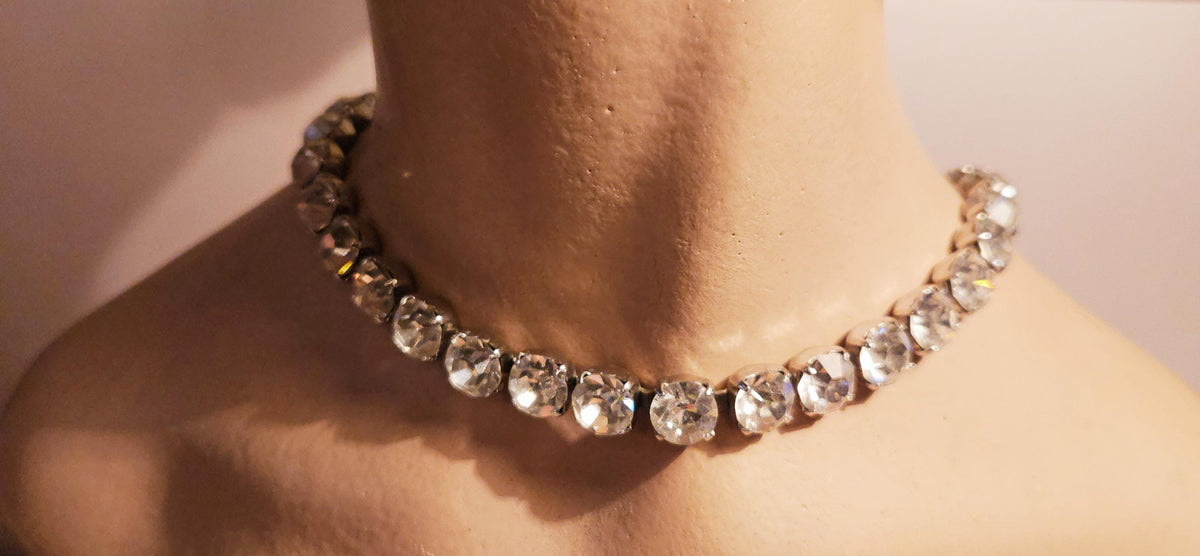 Vintage Rhinestone Choker Necklace, Bridal Black Tie, 16 inch