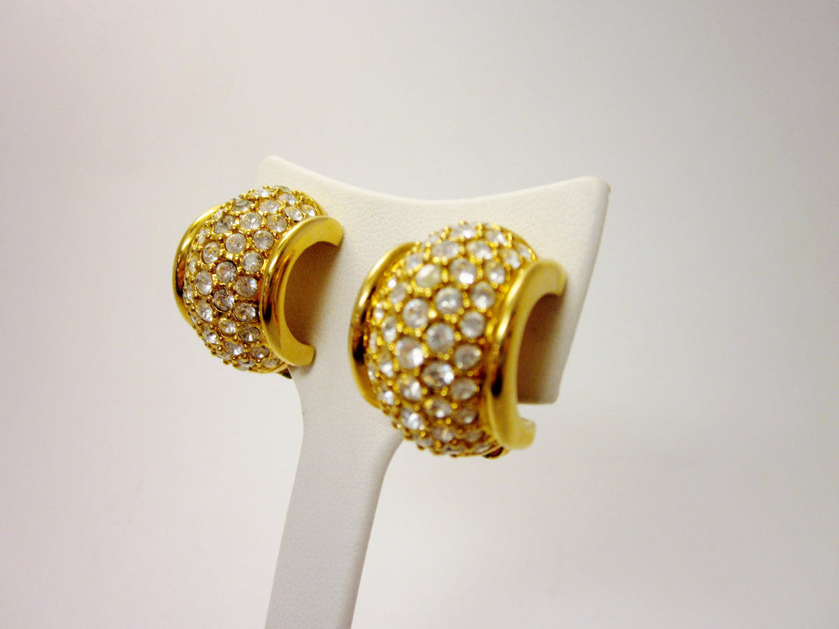 Vintage Swarovski Crystal Clip On Earrings, 1980s Gold Tone Half Hoop