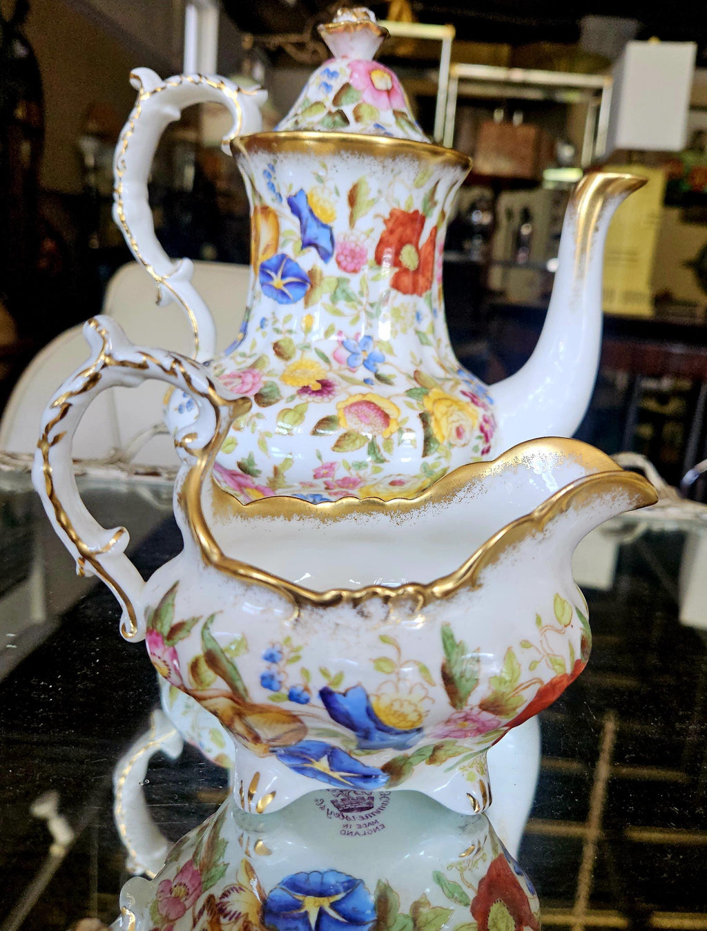 Vintage Hammersby Queen Anne Chintz Tea Set. Single tea pot, coffee/ tall tea, creamer and sugar