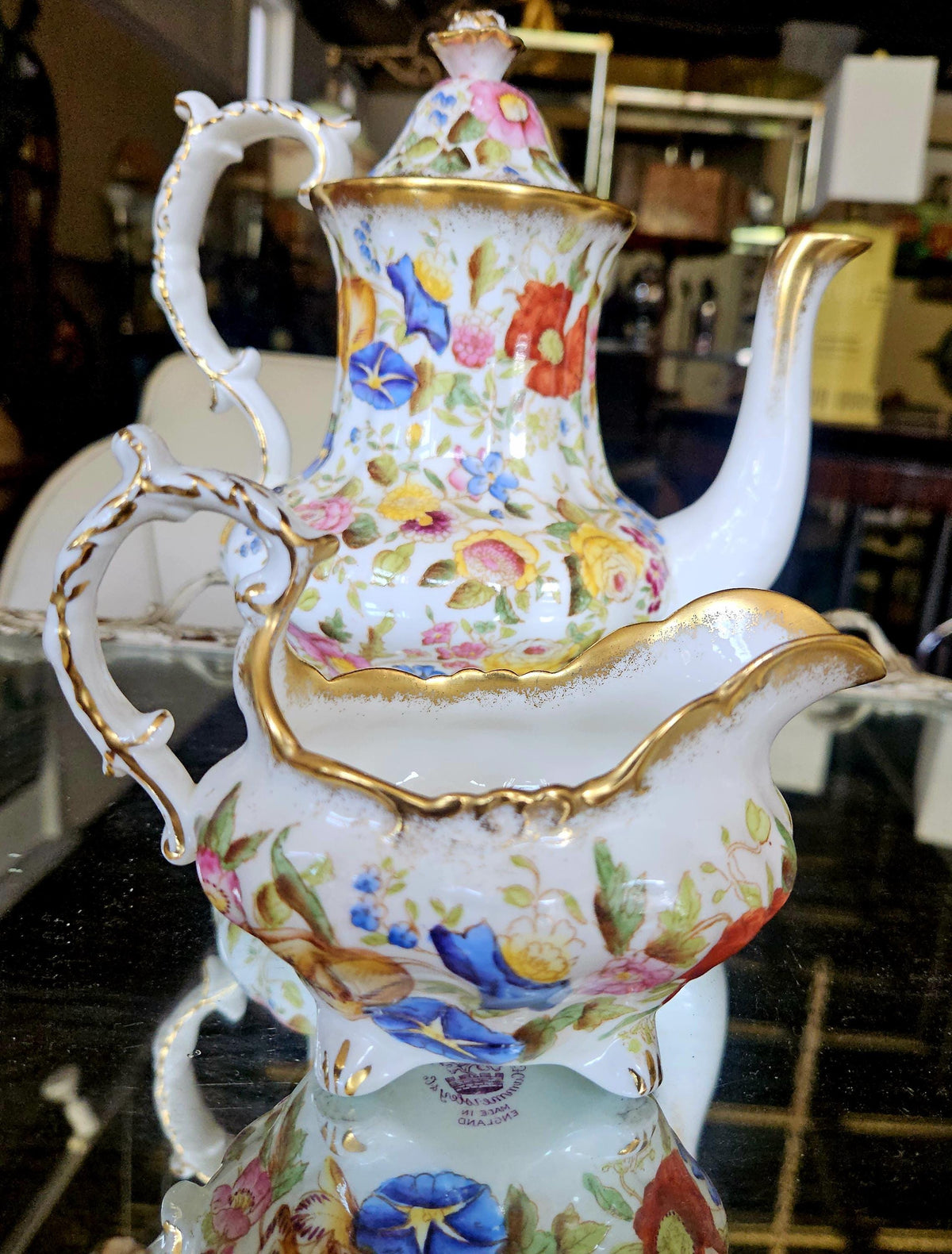 Vintage Hammersby Queen Anne Chintz Tea Set. Single tea pot, coffee/ tall tea, creamer and sugar