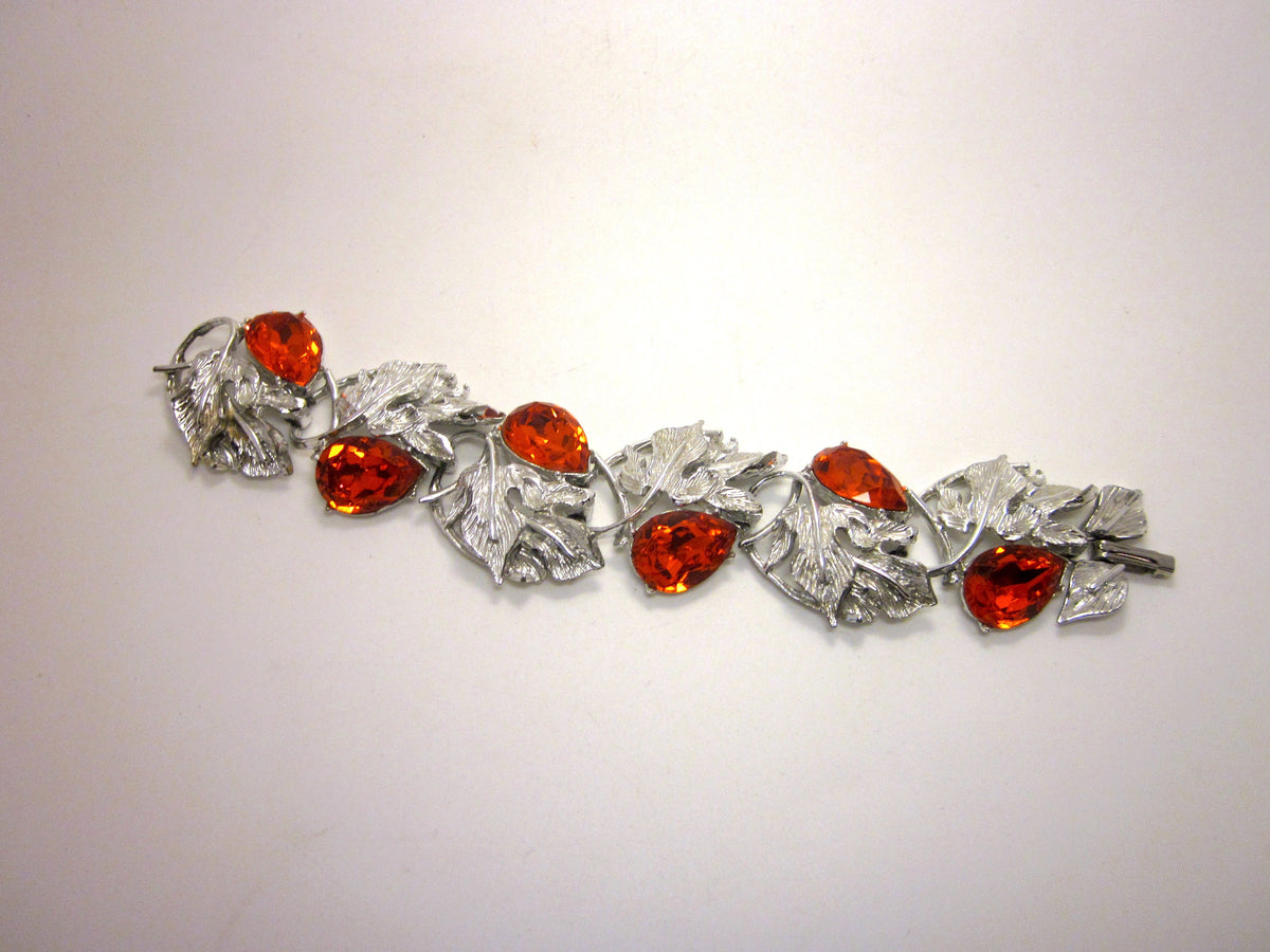 Vintage 1960s Rhinestone Bracelet: Orange Teardrop, Fall Leaf Panels