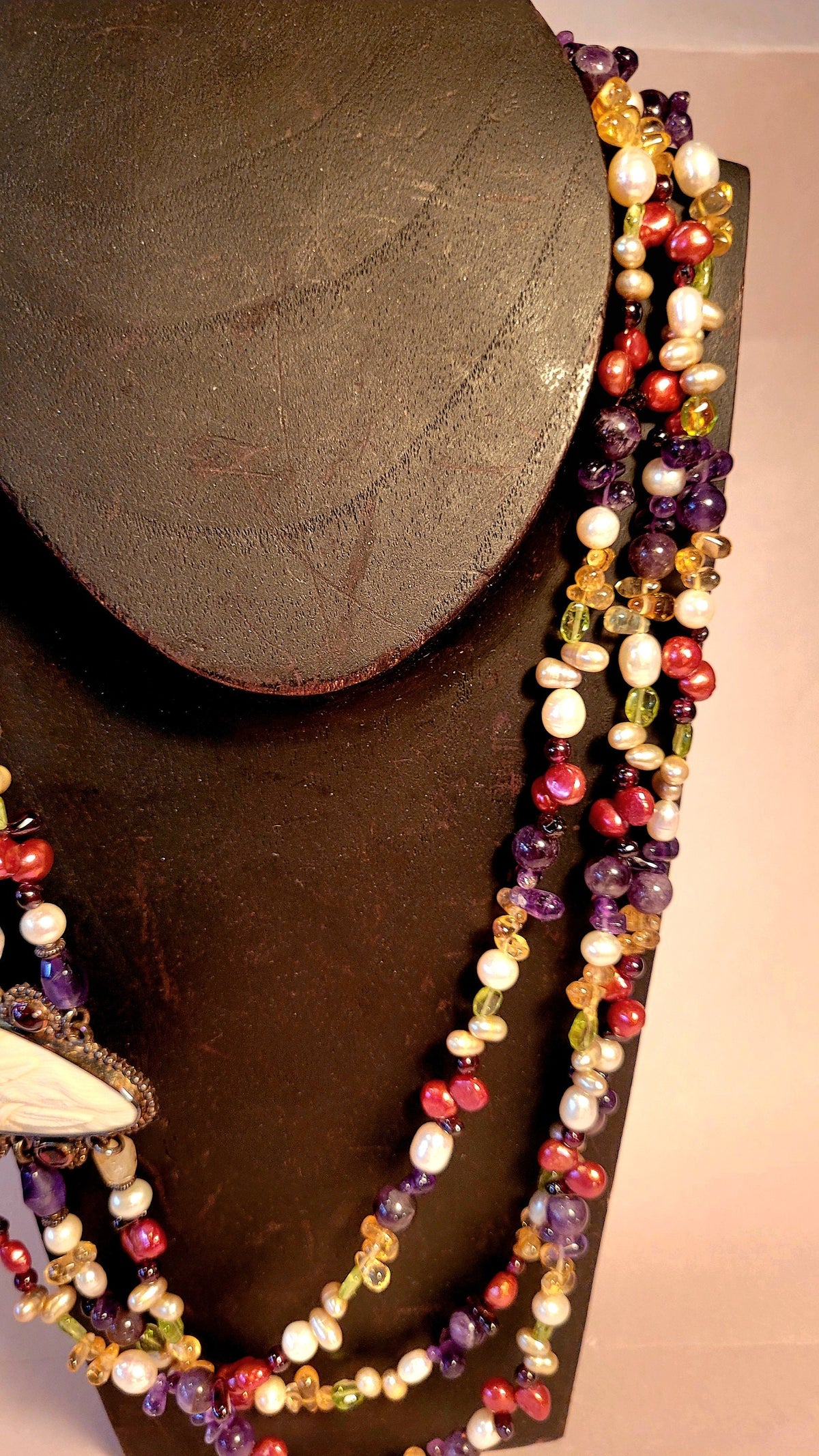 Sajen Goddess Cameo triple strand Necklace, garnet, amethyst, pearls, peridot