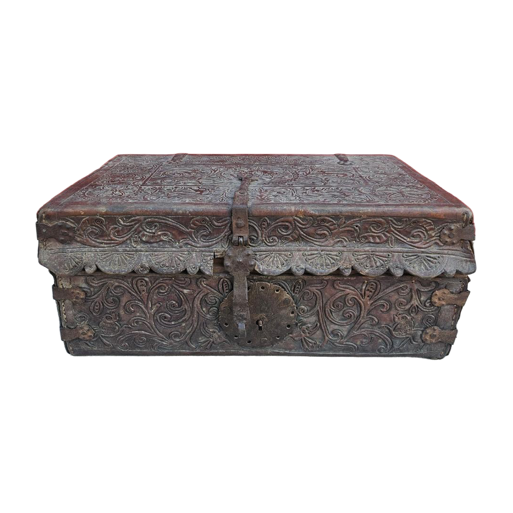 Antique Spanish Colonial Petaca Tooled Leather Coffer Box Trunk 18th Century
