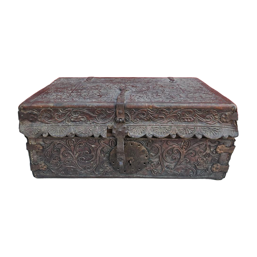 Antique Spanish Colonial Petaca Tooled Leather Coffer Box Trunk 18th Century