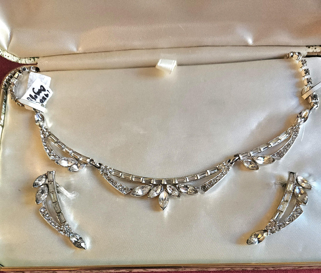 Vintage Bogoff Rhinestone Necklace Earring Set demi-parure on original Bogoff box