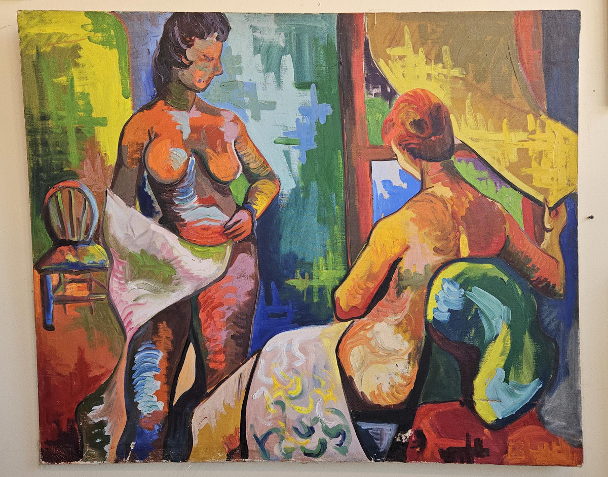 Vintage Mid Century Modern Oil on Canvas Nude Painting two women