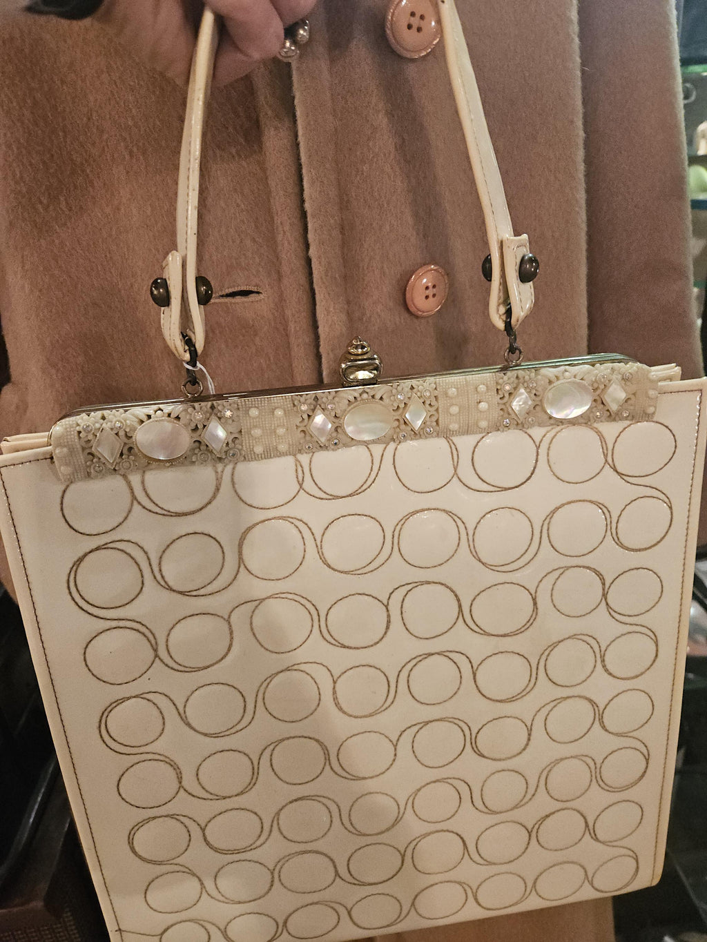 1960s Vintage Handbag: Faye Mell Fleurette Miami, Cream Vinyl, Celluloid Frame