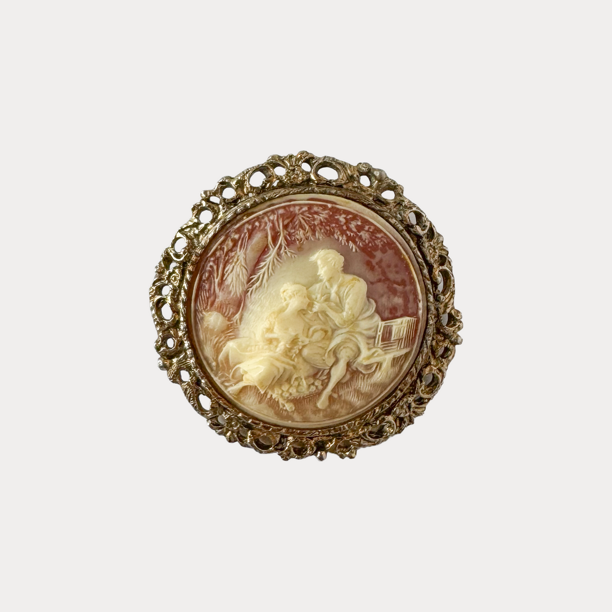 Vintage mid century faux cameo resin brooch with courting scene themed