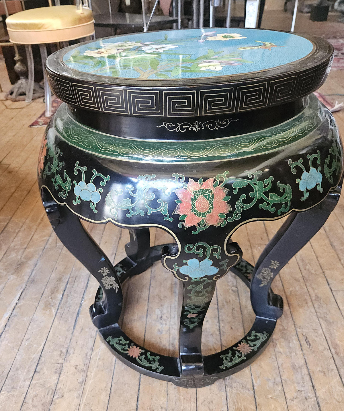 Asian Chinoiserie Black Lacquer Cloisonne Garden Stool or Side Table