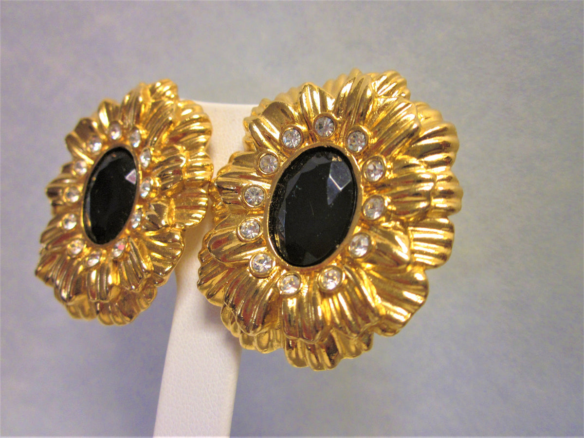 Vintage KJL Avon Clip On Earrings, Black Crystal Rhinestone Floral Design