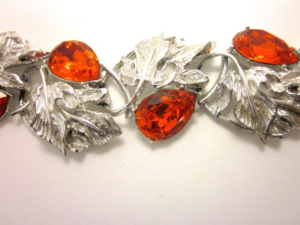 Vintage 1960s Rhinestone Bracelet: Orange Teardrop, Fall Leaf Panels