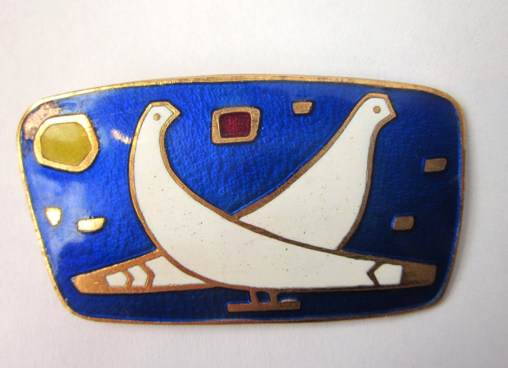 Antique Enamel Brooch, Vienna Secession Style Dove Pin, c.1910s