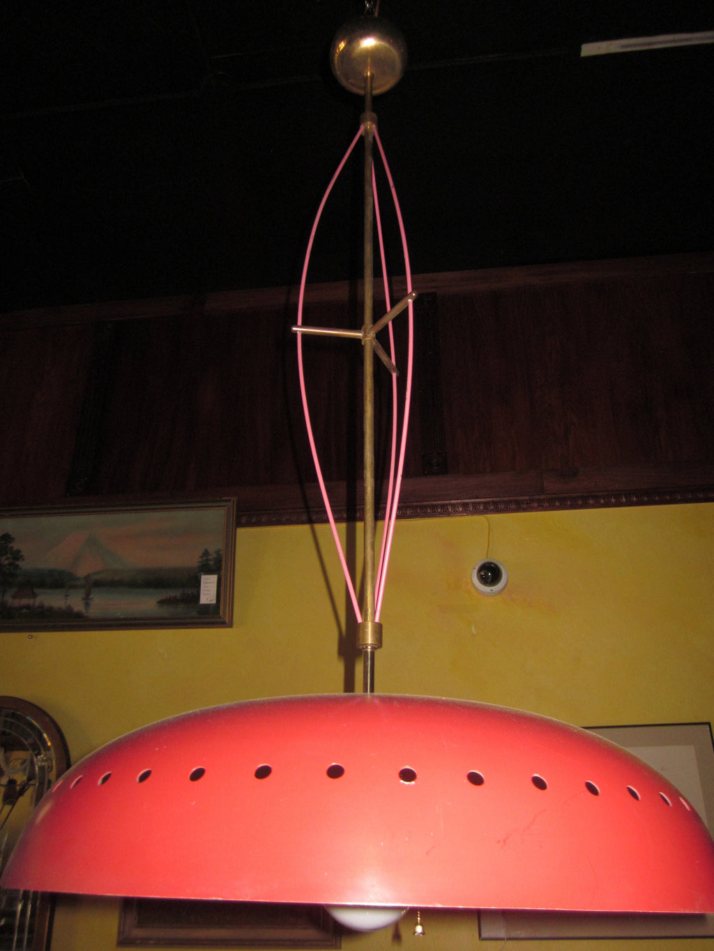 Mid Century Italian Pendant Light, Red Enameled Aluminum Shade