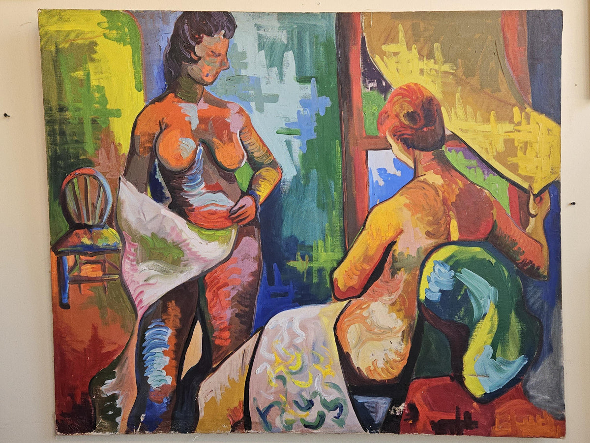 Vintage Mid Century Modern Oil on Canvas Nude Painting two women