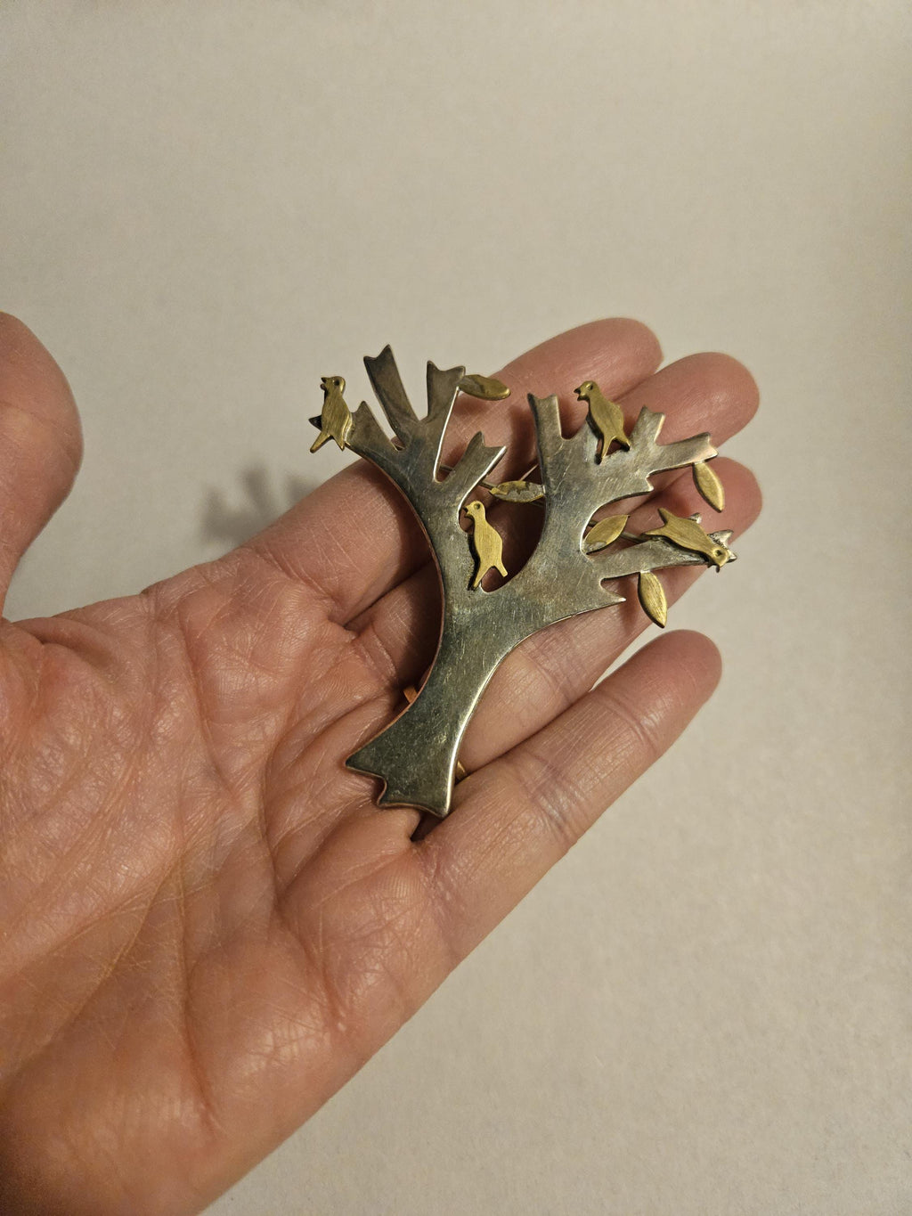 Vintage Taxco Mexican Sterling and brass Brooch Tree with Birds