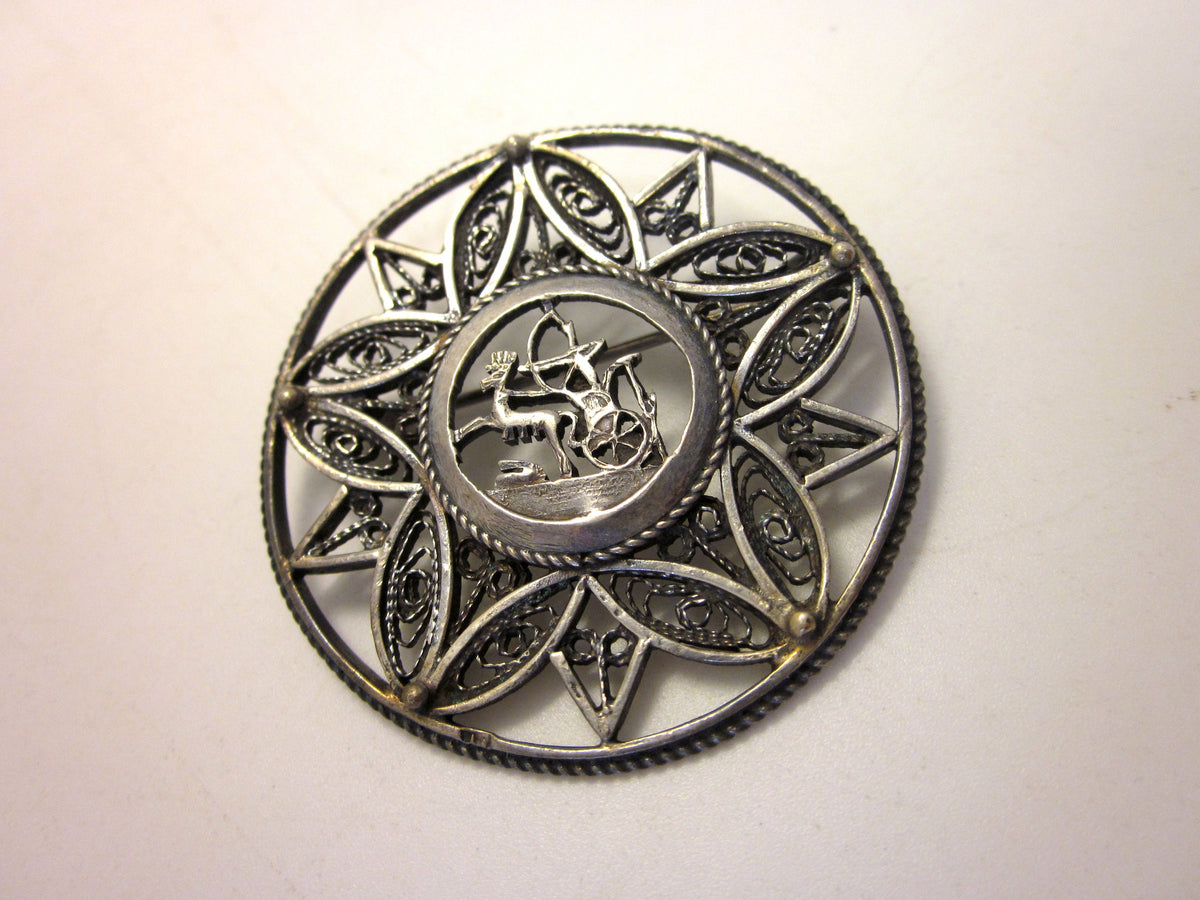 Vintage Art Deco Sterling Silver Brooch: Egyptian Revival Pharaoh, Wirework Lotus