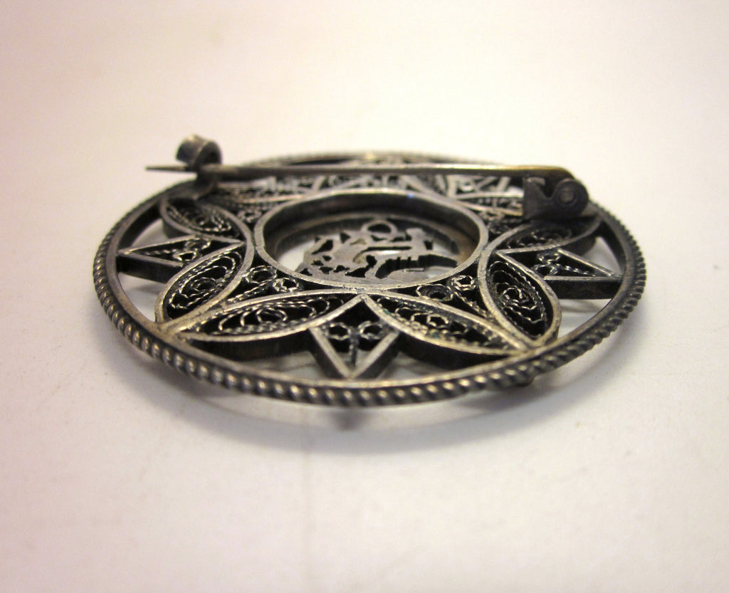 Vintage Art Deco Sterling Silver Brooch: Egyptian Revival Pharaoh, Wirework Lotus