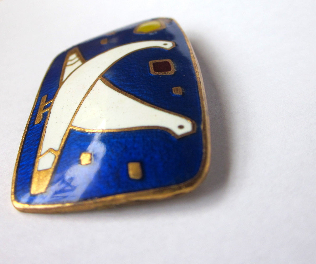Antique Enamel Brooch, Vienna Secession Style Dove Pin, c.1910s