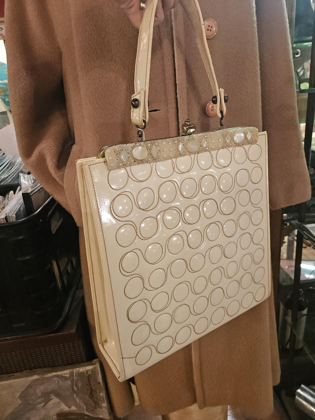 1960s Vintage Handbag: Faye Mell Fleurette Miami, Cream Vinyl, Celluloid Frame