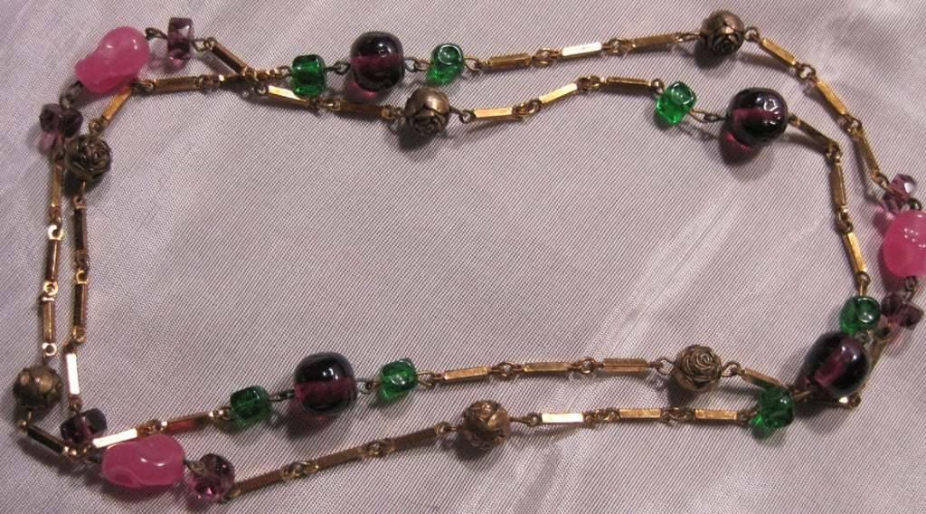 Molded Art glass necklace with Bronze Rosettes and Brass Links