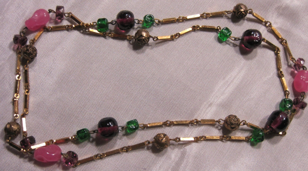 Molded Art glass necklace with Bronze Rosettes and Brass Links
