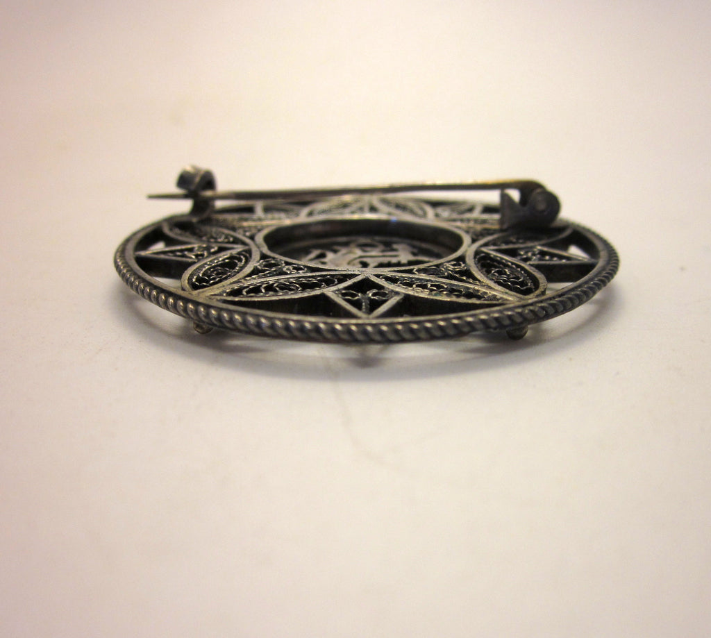 Vintage Art Deco Sterling Silver Brooch: Egyptian Revival Pharaoh, Wirework Lotus