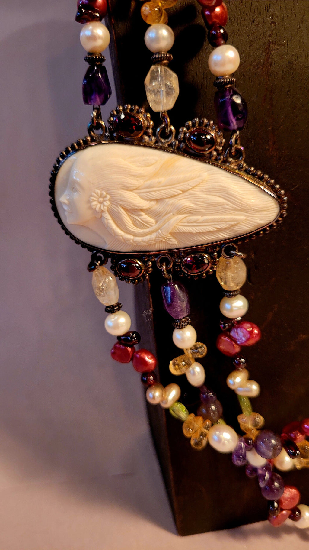 Sajen Goddess Cameo triple strand Necklace, garnet, amethyst, pearls, peridot