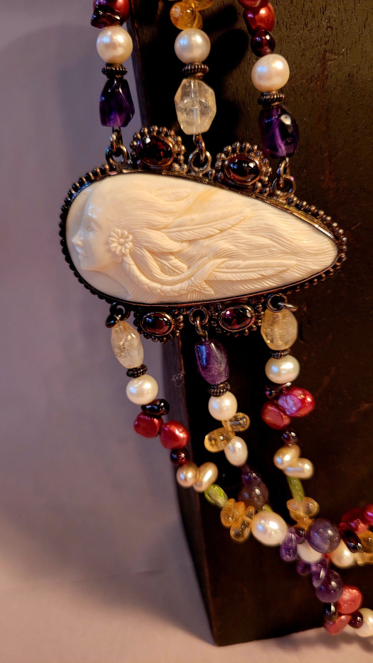 Sajen Goddess Cameo triple strand Necklace, garnet, amethyst, pearls, peridot