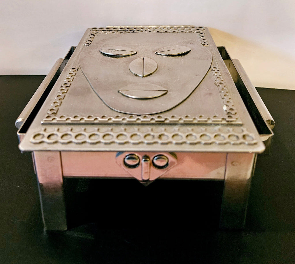 Vintage Stanley Szwarc Ooak Stainless Steel outsider Art box. Mask design