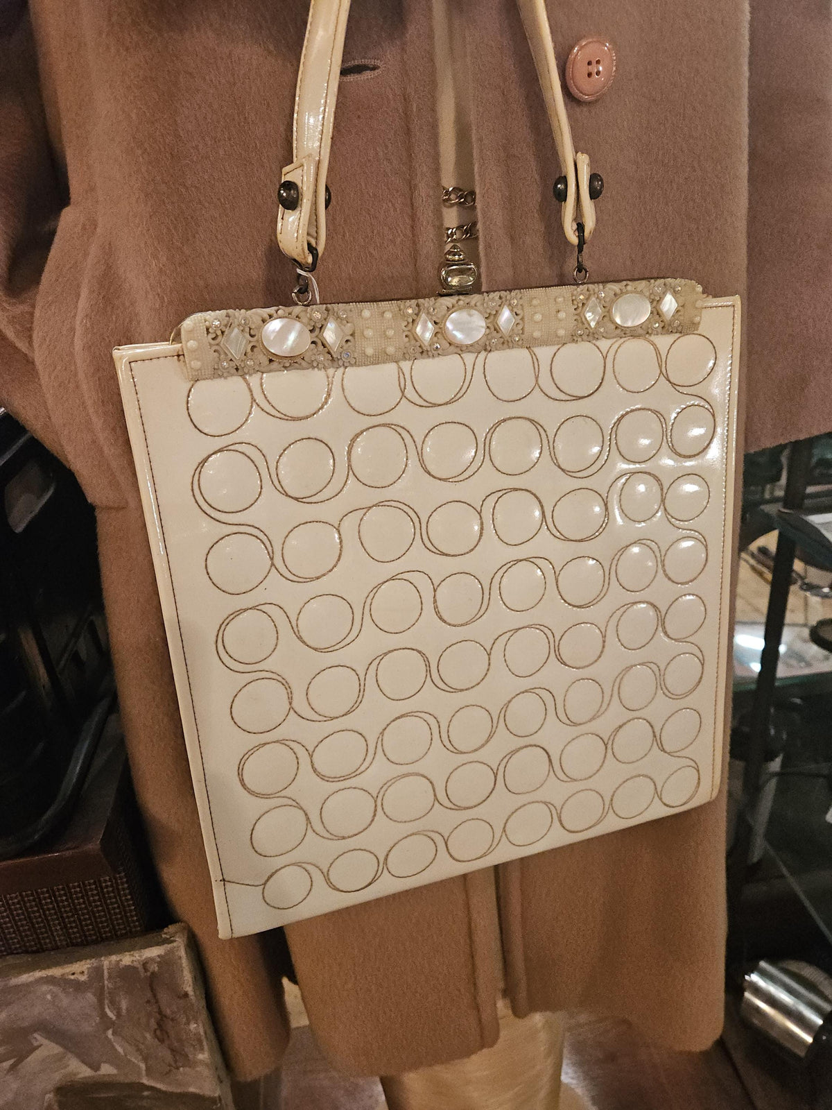 1960s Vintage Handbag: Faye Mell Fleurette Miami, Cream Vinyl, Celluloid Frame